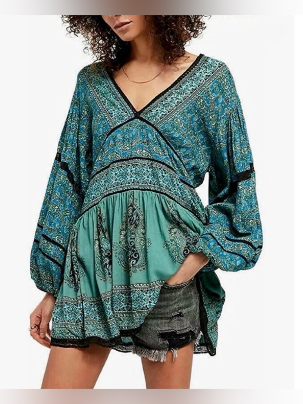 Free People NWT Medium Luna Scarf Print Tunic in Ocean Green/Blue Combo